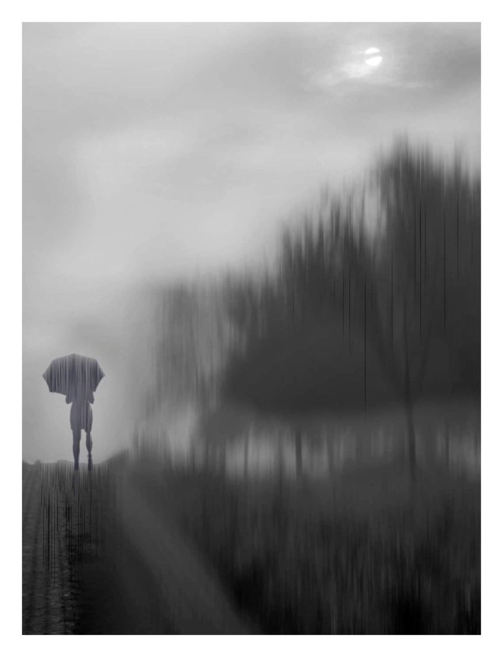 Regen und Nebel. Eine Frau mit Schirm geht an Bäumen vorbei.